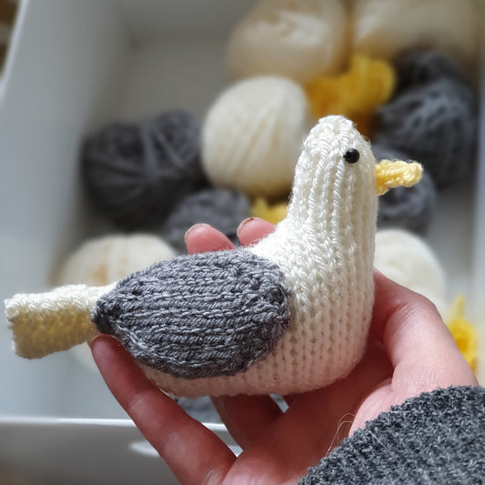 small knitted seagull Jeff from a knitting kit