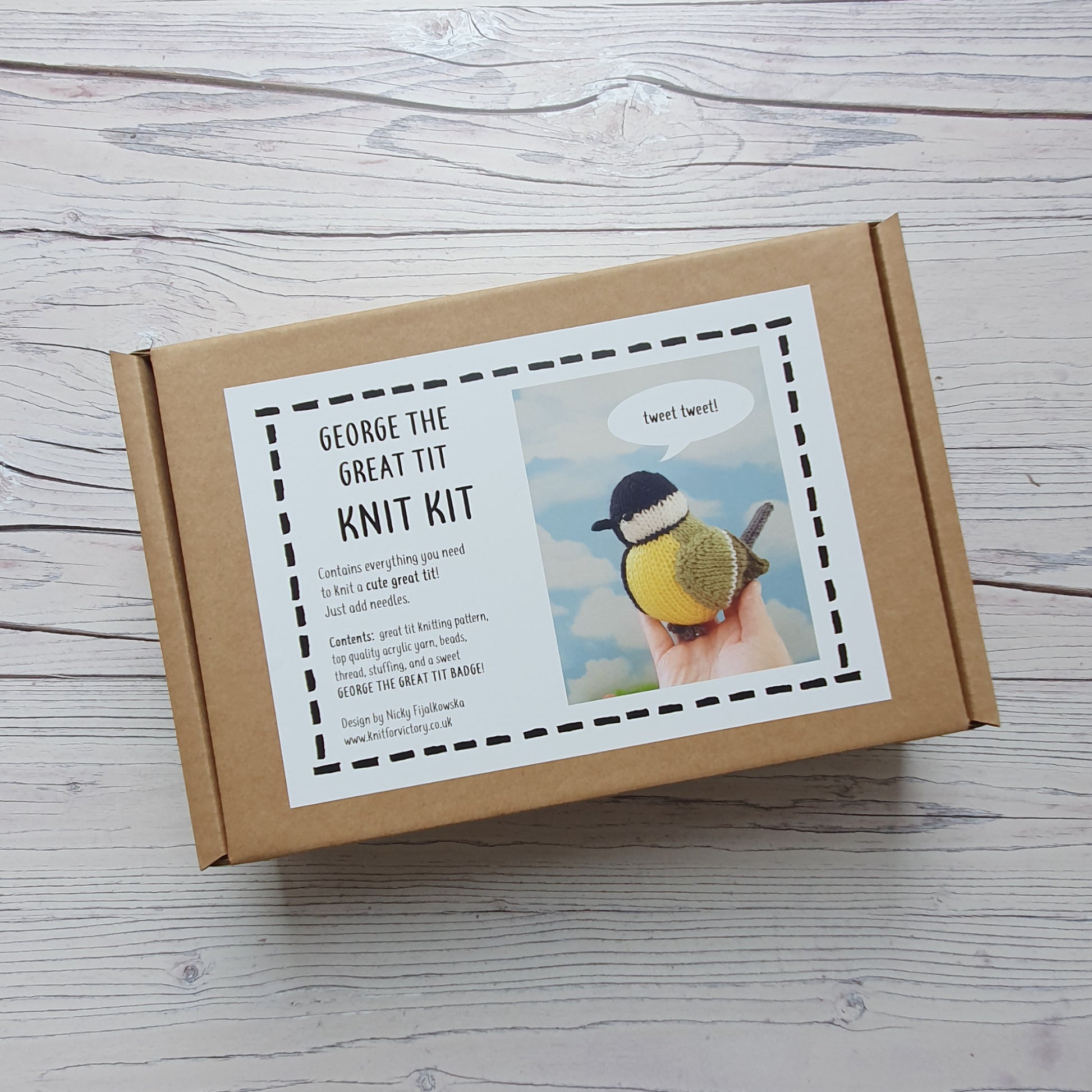 George the great tit knitting kit in a gift box