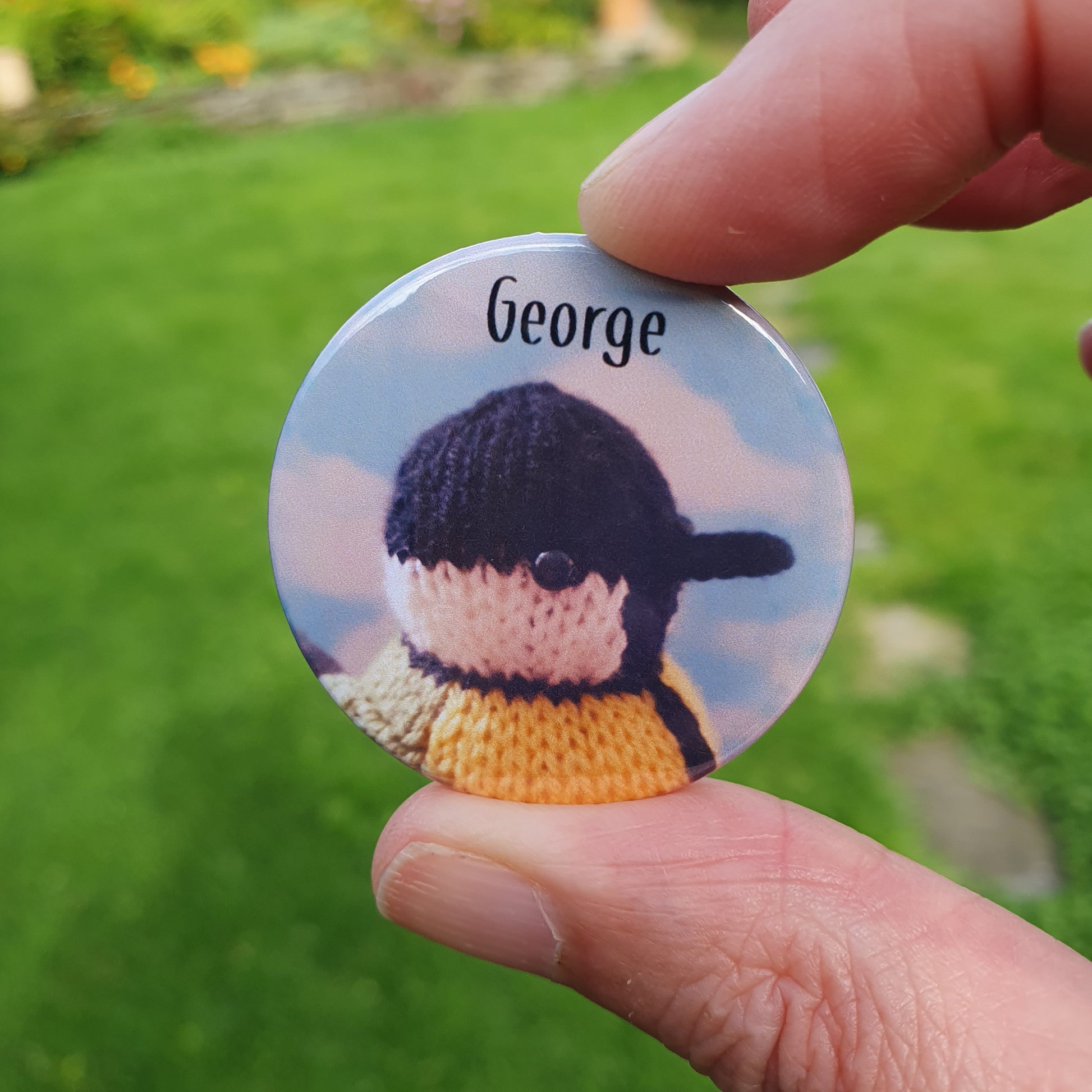 george the knitted great tit badge
