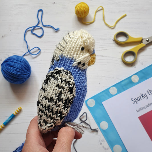 blue knitted budgie knitted from a budgie knitting pattern by Nicky Stewart