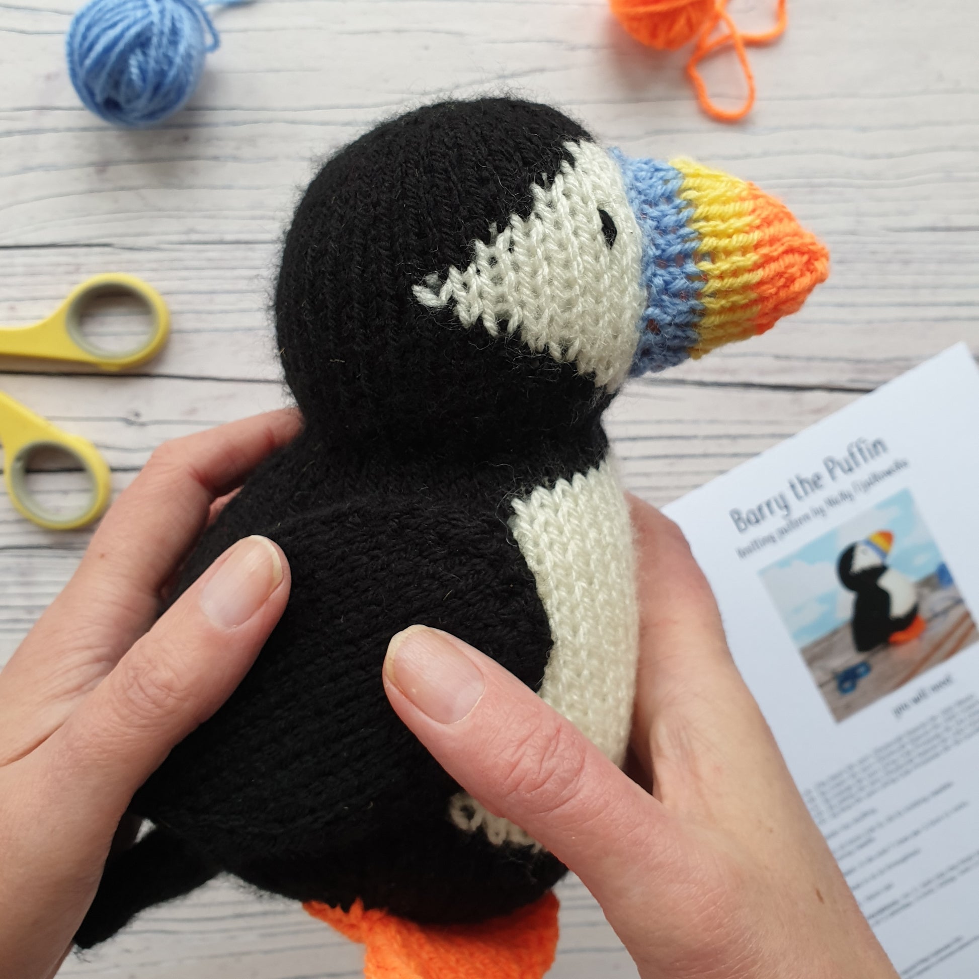 knitted puffin made from a knit kit