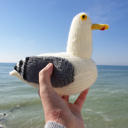 knitted seagull by the sea in Worthing Sussex