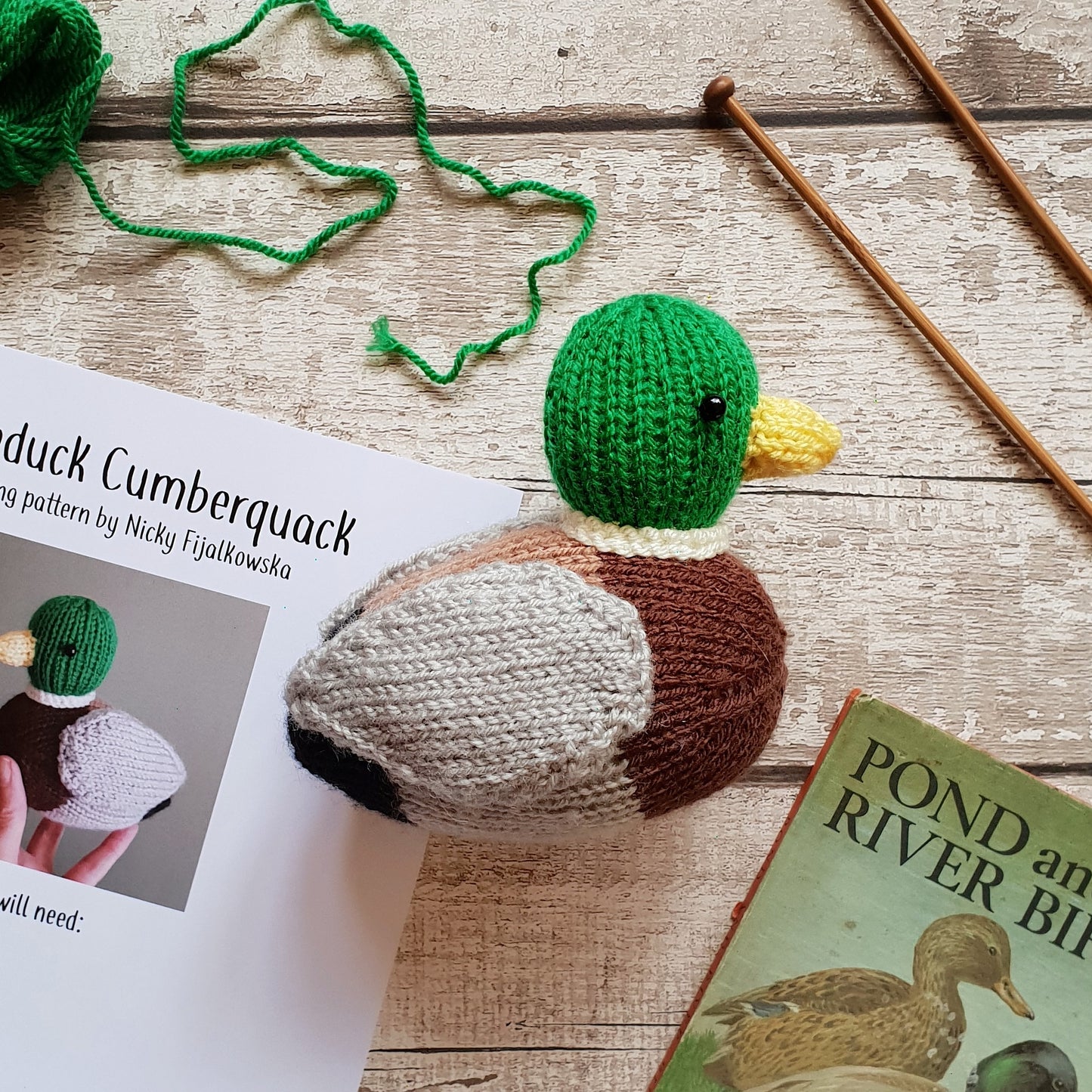 knitted toy mallard duck with a knitting pattern from a knit kit