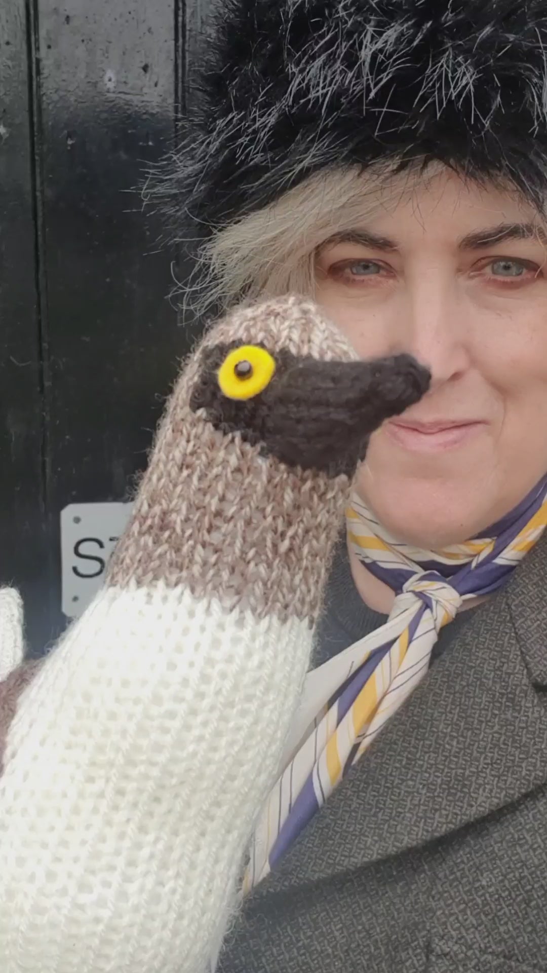 a knitted blue footed booby with knitting designer Nicky Stewart