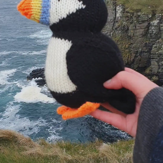 a knitted puffin looking out to sea on top of a cliff near Castle Sinclair Girnigoe Caithness