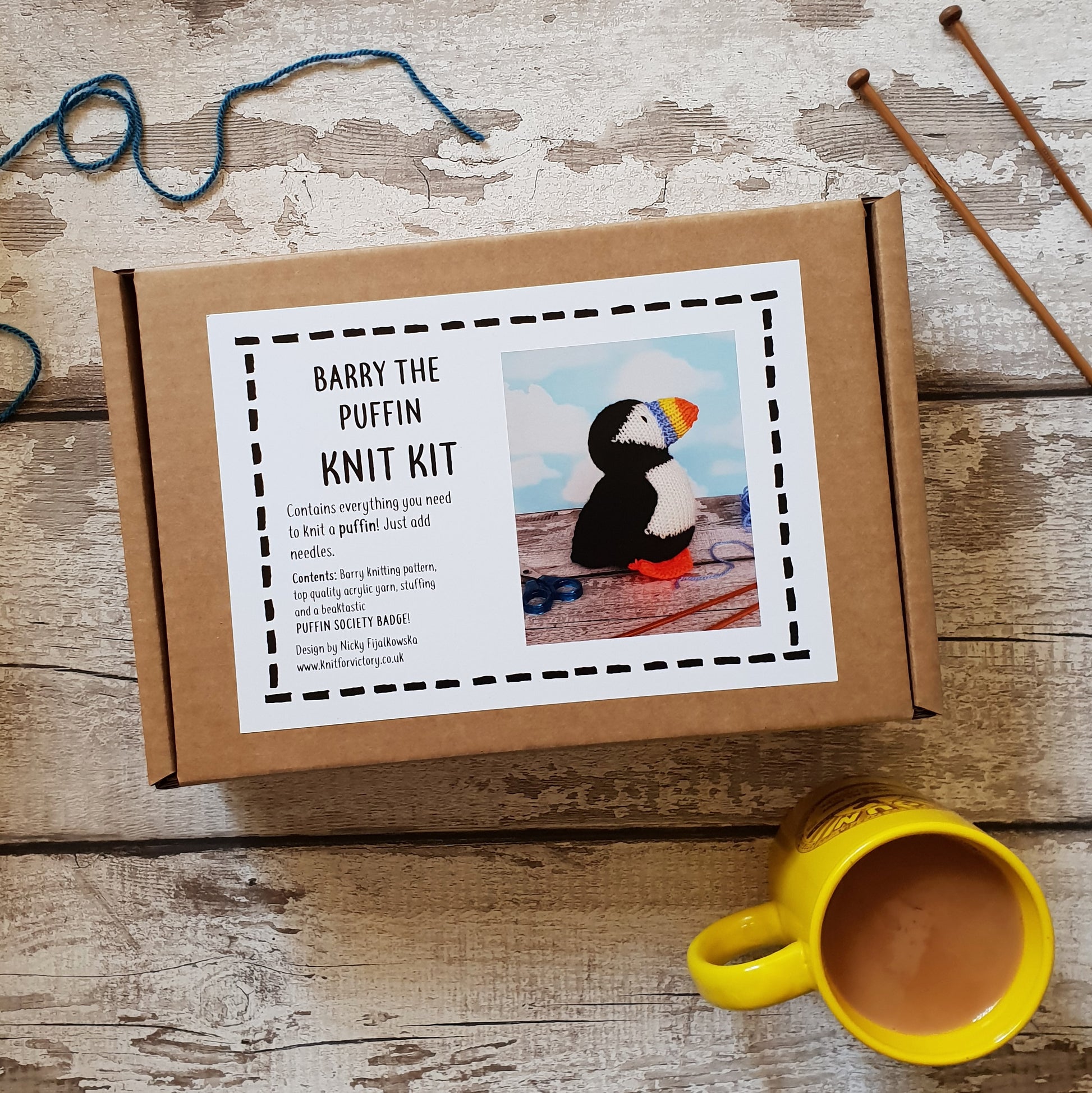puffin knitting kit in a gift box