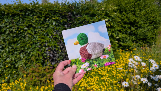a greeting card with a knitted duck on it, being held up in front of a garden full of daisies and buttercups