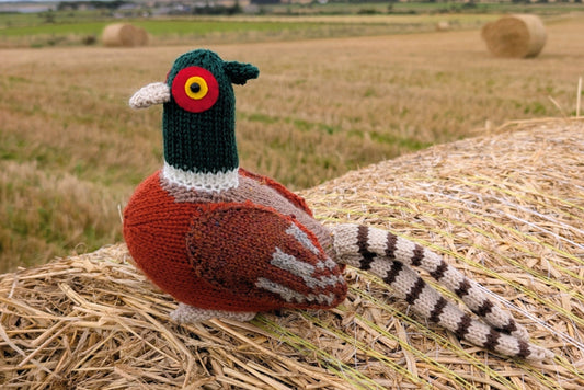 a knitted pheasant sitting on a bale of hay in a field