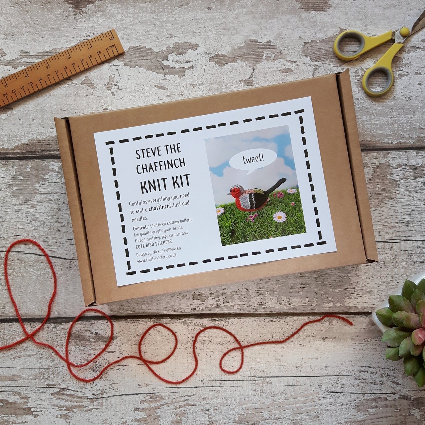 a chaffinch bird knitting kit in a gift box