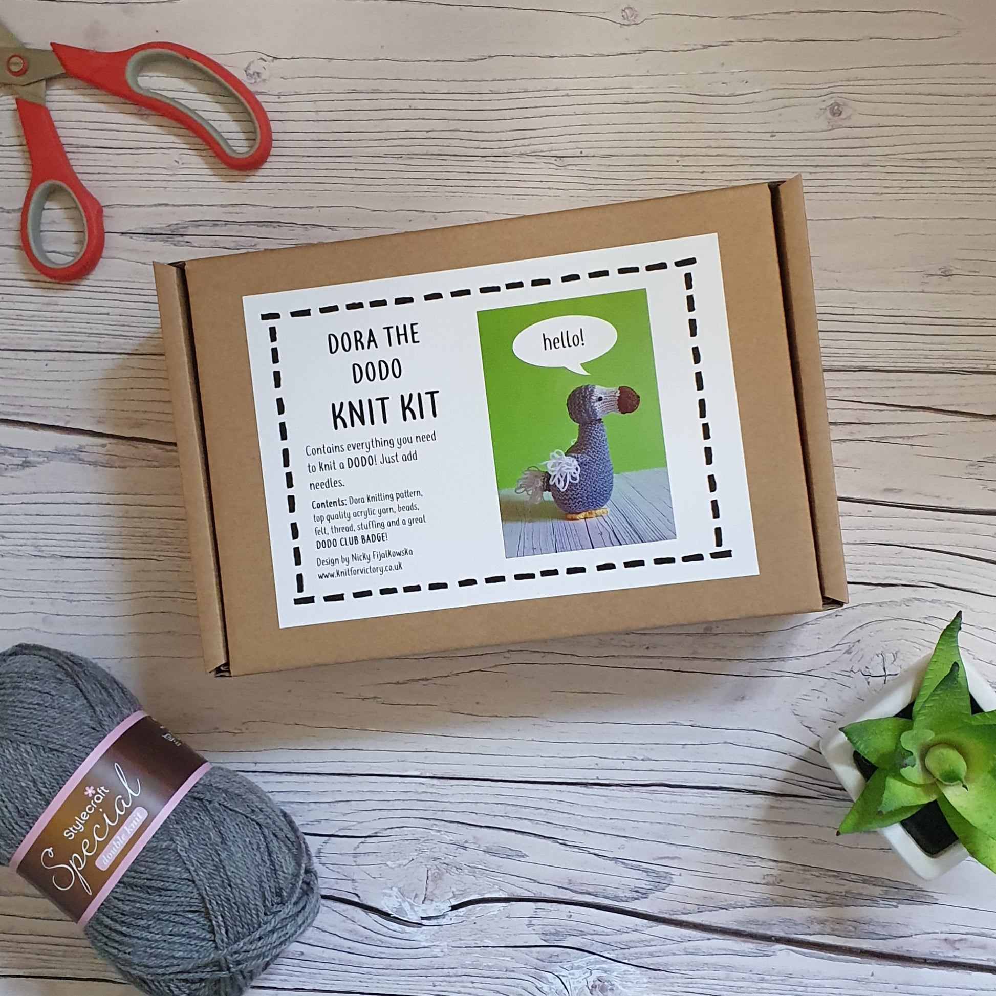 a dodo knitting kit in a gift box