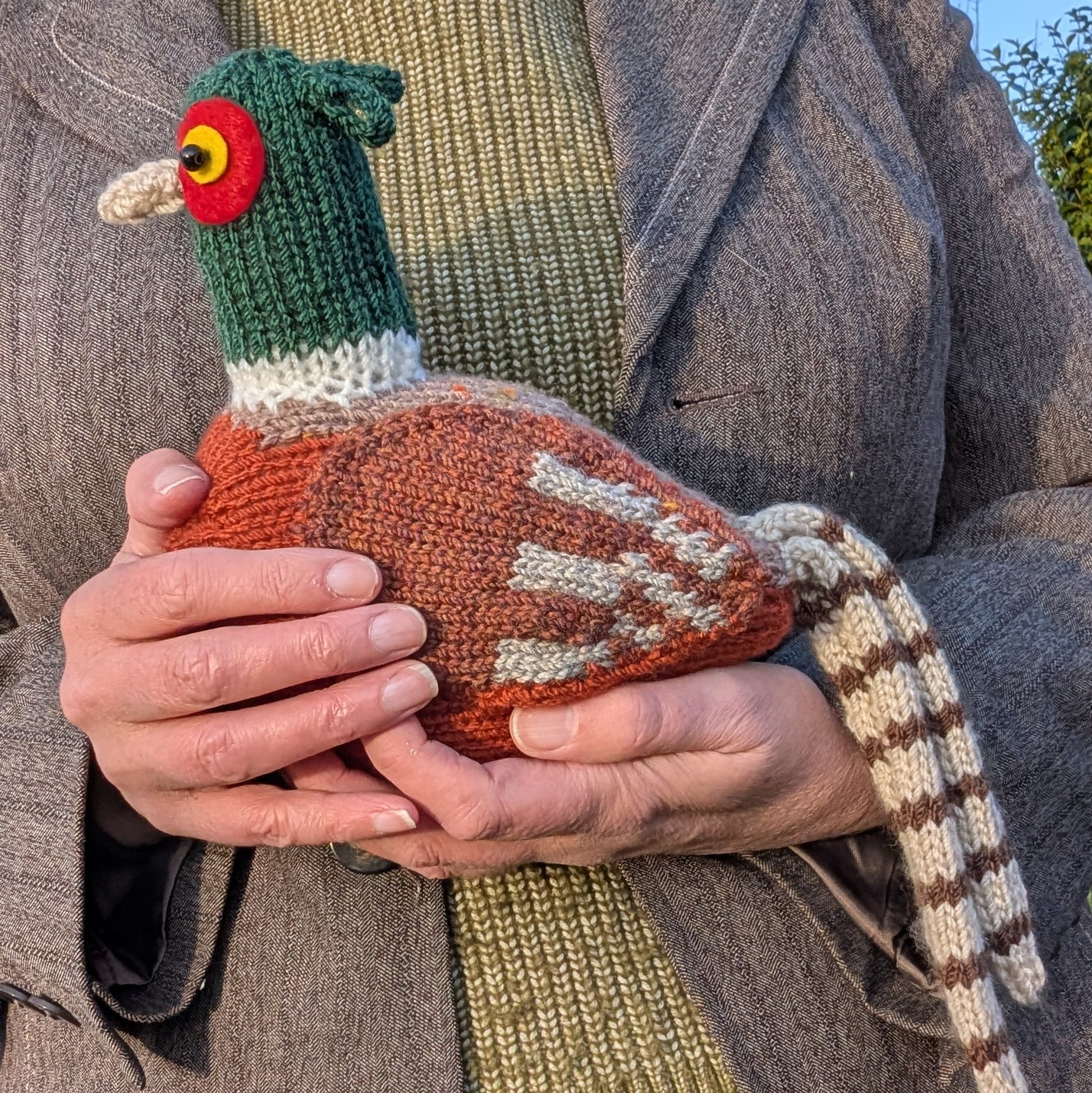 Person holding a knitted pheasant