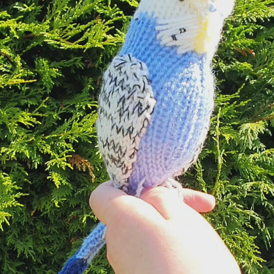 a knitted blue budgerigar designed by Nicky Stewart from a knitting kit